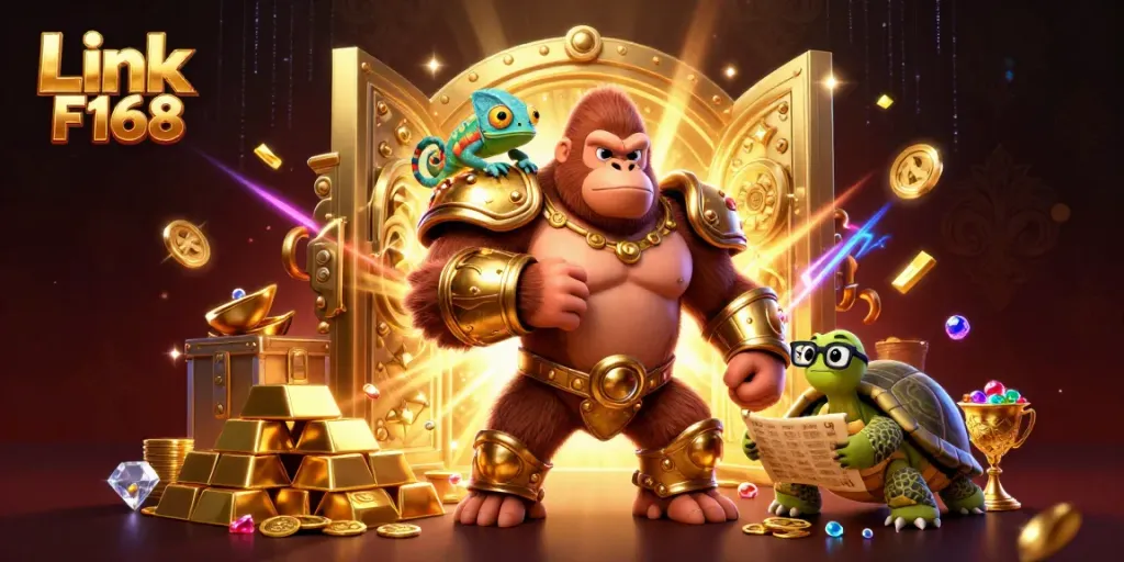 Experience exciting gameplay at Link F168 with vibrant characters and stunning casino elements in a 3D illustration.