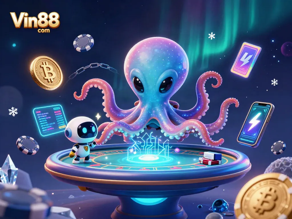 Experience the thrill of Vin88 com with an octopus dealer at a vibrant holographic poker table.