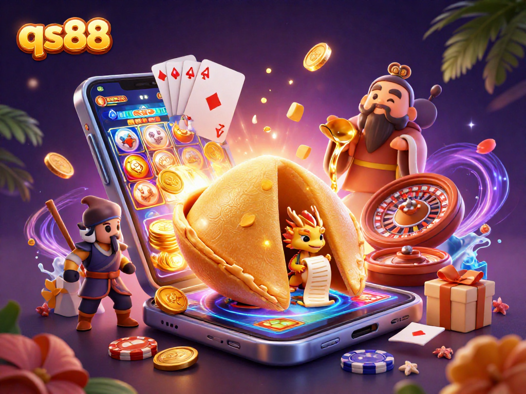 Experience thrilling moments at qs88 with lively casino action surrounding a golden fortune cookie scene.