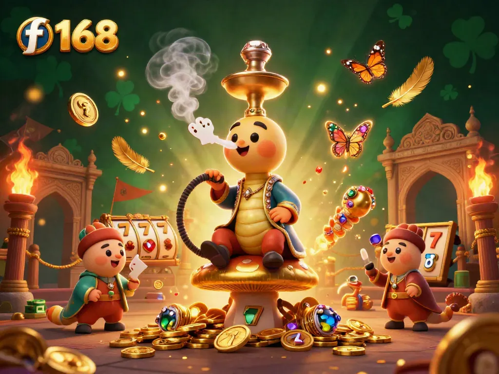 Witness an epic scene of f 168 where a caterpillar hookah-master rules a casino kingdom with vibrant game elements.