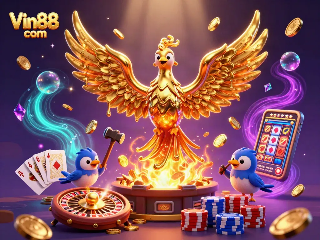 Engage with Vin88 com in this vibrant 3D illustration featuring a molten golden phoenix and dynamic casino elements.