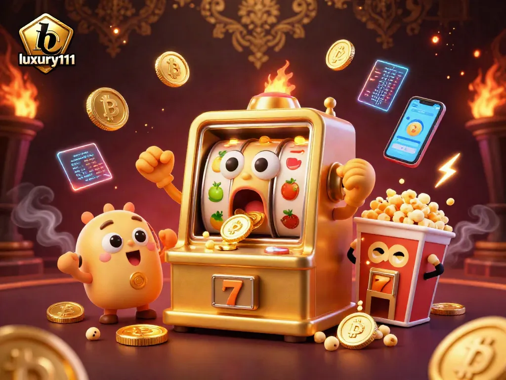 Catch the excitement with luxury111 as a golden slot machine scores a jackpot, surrounded by crypto coins and cheering baby slots.