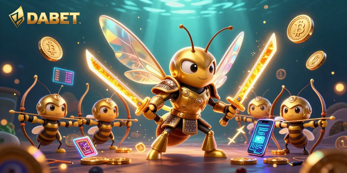 DABET gamers engage in thrilling crypto betting with a vivid illustration of a samurai hornet and bee archers.