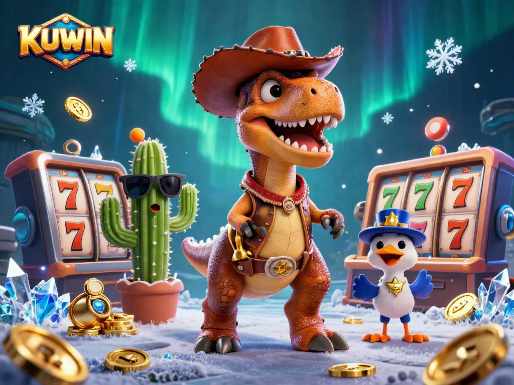KUWIN engages players with thrilling slots, featuring a cartoon T-Rex and vibrant casino elements.