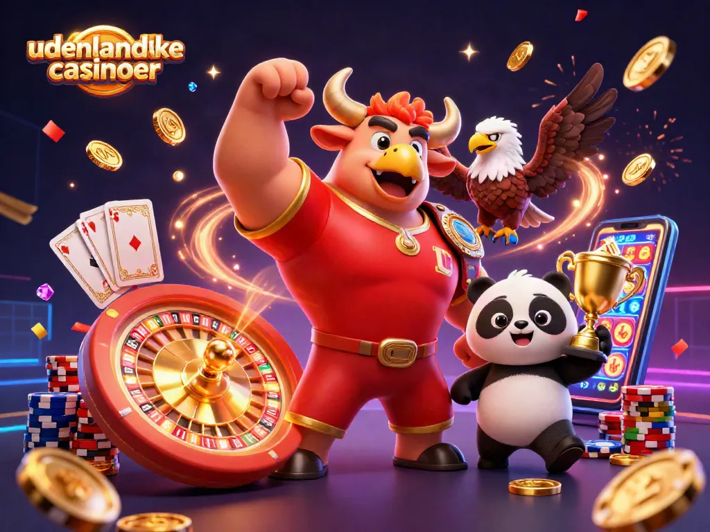 Engage with udenlandske casinoer using vibrant 3D illustration featuring a bull mascot, eagle, and panda amidst dynamic casino elements.