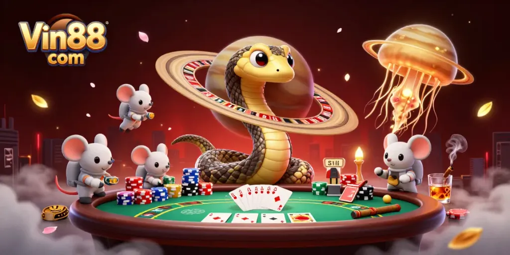 Place bets on Vin88 com with exhilarating designs, showcasing cosmic elements in a vibrant gaming scene.