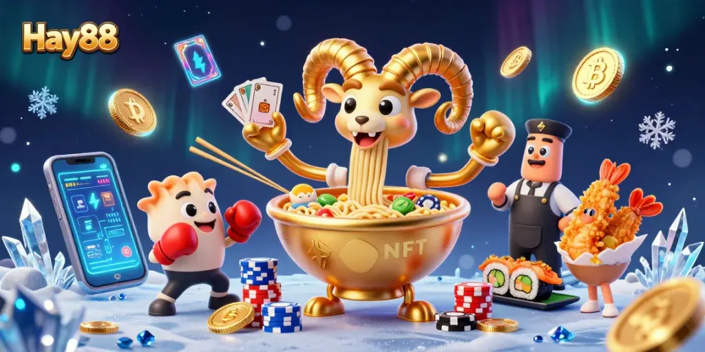 Join the excitement at Hay88 with a vibrant casino scene featuring a golden ramen bowl and friends!