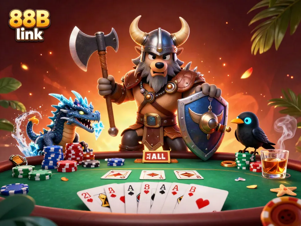 Engage with the dynamic 88B link illustration showcasing a Viking wolf warrior and dragon at a poker table.