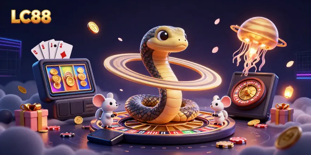 Place bets with LC88 in an entertaining 3D casino scene featuring vibrant characters and engaging gambling elements.