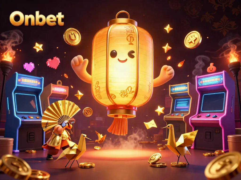 Experience excitement at Onbet with a vibrant 3D casino illustration featuring golden lanterns and arcade games.