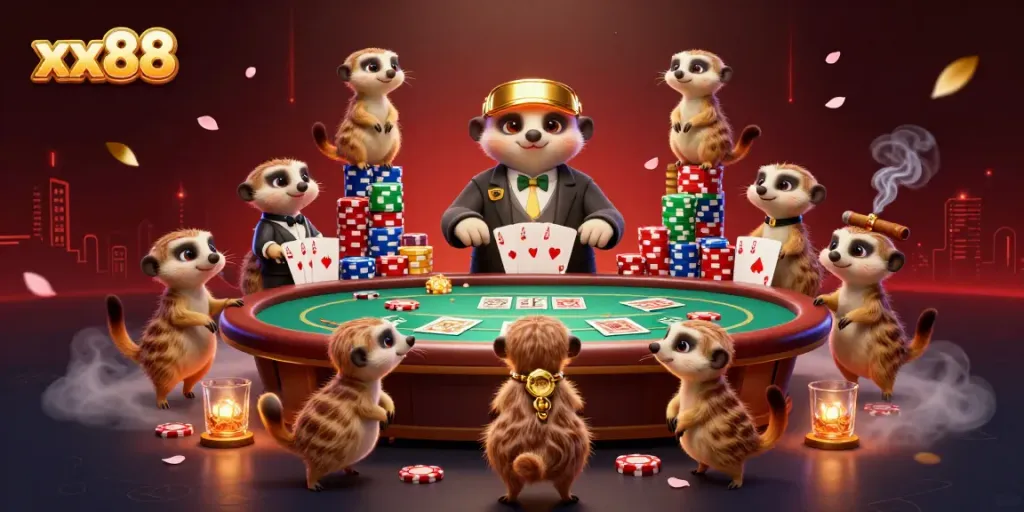 Experience the excitement of xx88 with meerkats running a busy casino operation filled with poker chips and community cards.
