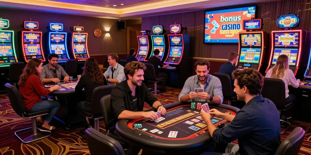 bonus casino sans depot dans un casino en ligne animé avec des joueurs souriants et des machines à sous brillantes.