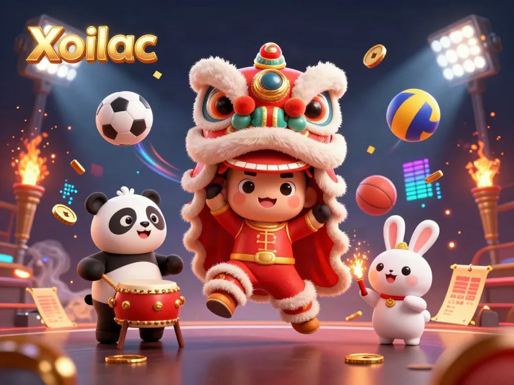 Xoilac showcases vibrant gambling elements with a lion dance scene full of excitement.