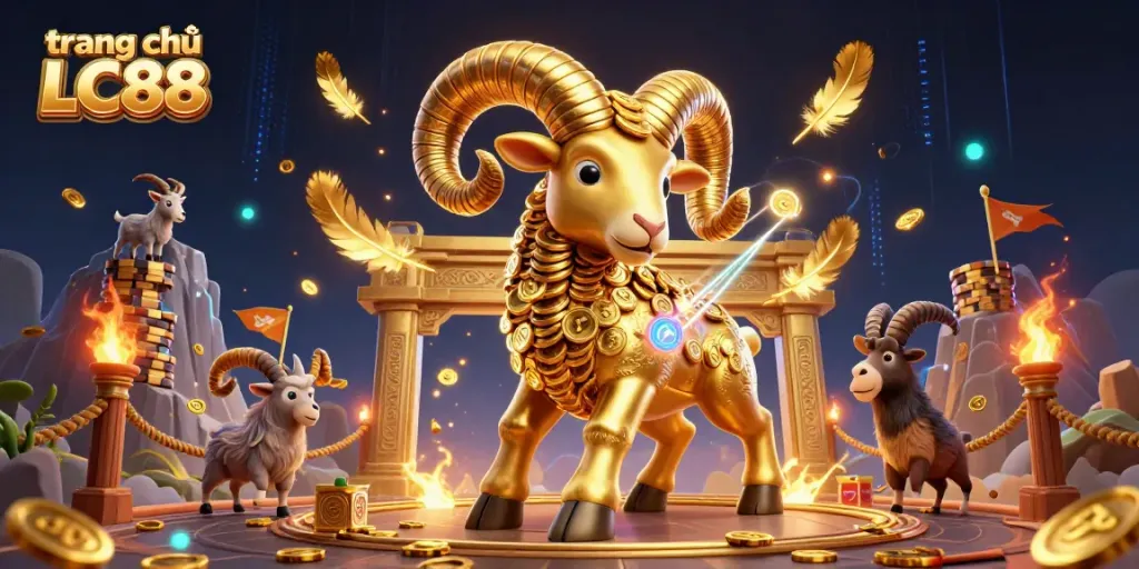 Experience the action at trang chủ LC88 with a golden ram charging through a vibrant casino scene.