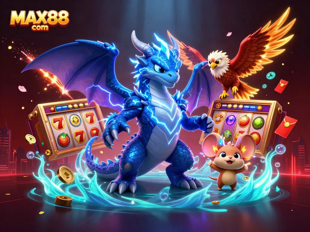 Spin and win with MAX88 com, featuring dynamic slot reels and a vibrant casino atmosphere.