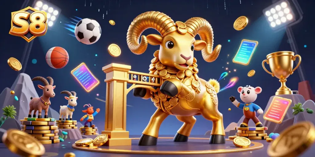 Experience the excitement of S8 with a captivating golden ram charging at a golden gate in a vibrant casino scene.