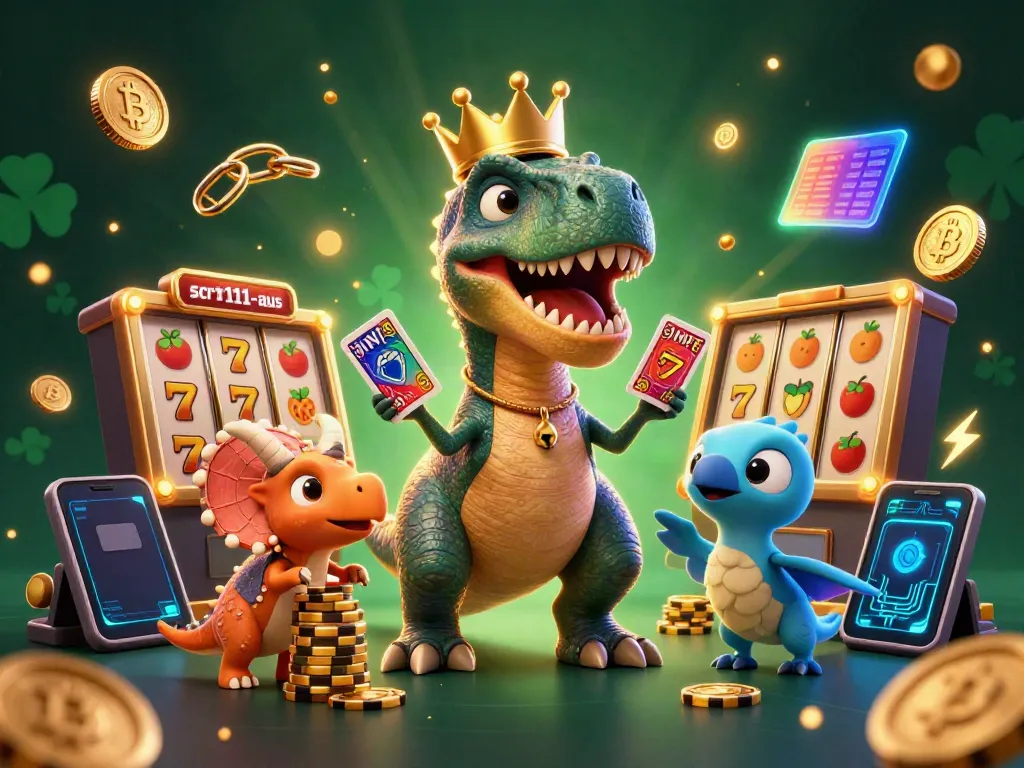 Engage in thrilling gameplay at scr111-aus, featuring a T-Rex shuffling cards surrounded by vibrant casino elements.