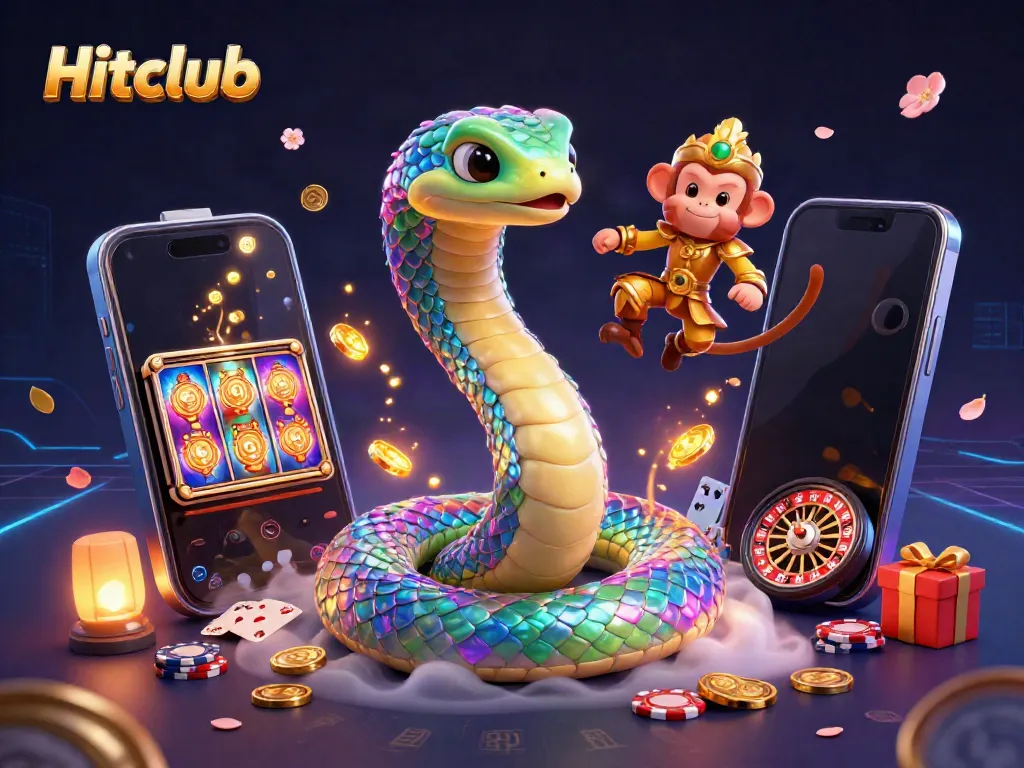 Hitclub's vibrant gaming scene with a rainbow serpent, glowing coins, and slot games excitement