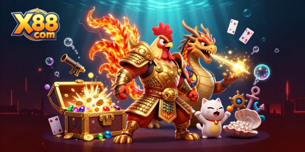 Engage in thrilling gameplay at X88 com with dynamic casino elements, including a fighting rooster and dragon.