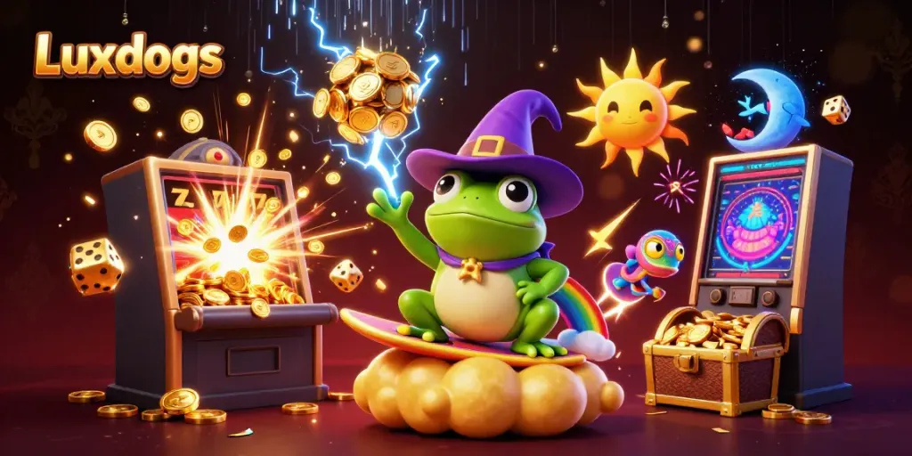 Experience the thrilling Luxdogs jackpot with a vibrant 3D casino illustration of winning coins and energizing characters.