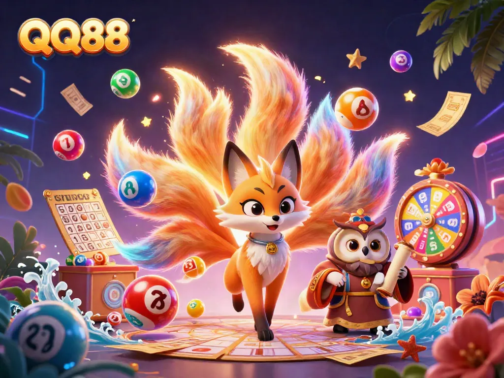 Engage with QQ88's vibrant casino experience through a colorful digital illustration featuring a mystical fox spirit and savvy owl.