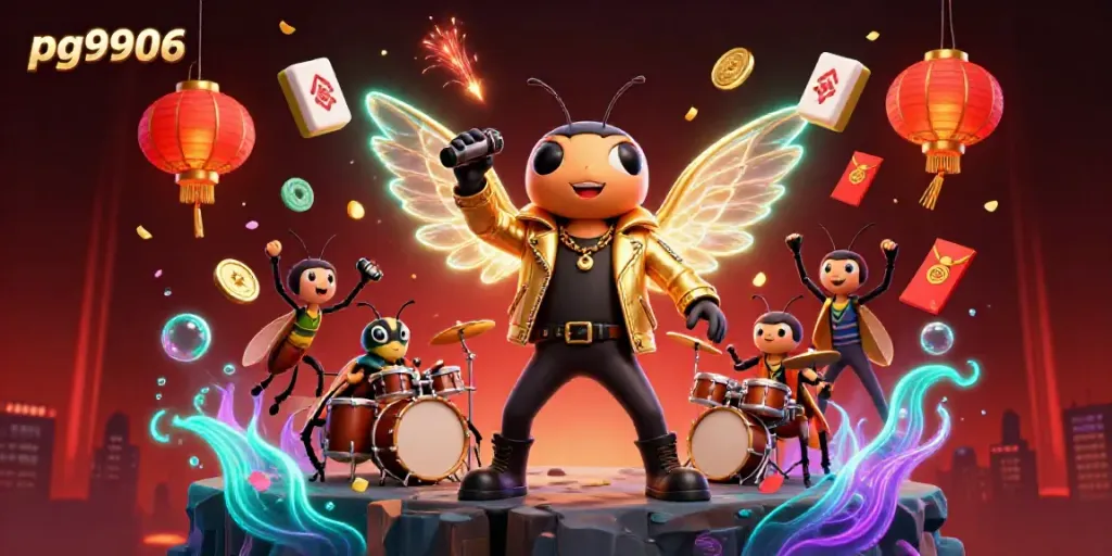 Engage in exciting gaming with pg9906's lively casino scene featuring a rock star cicada and vibrant elements.