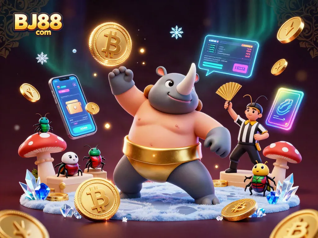 Experience BJ88 com with a dynamic scene of a beetle sumo champion winning big with flying coins.