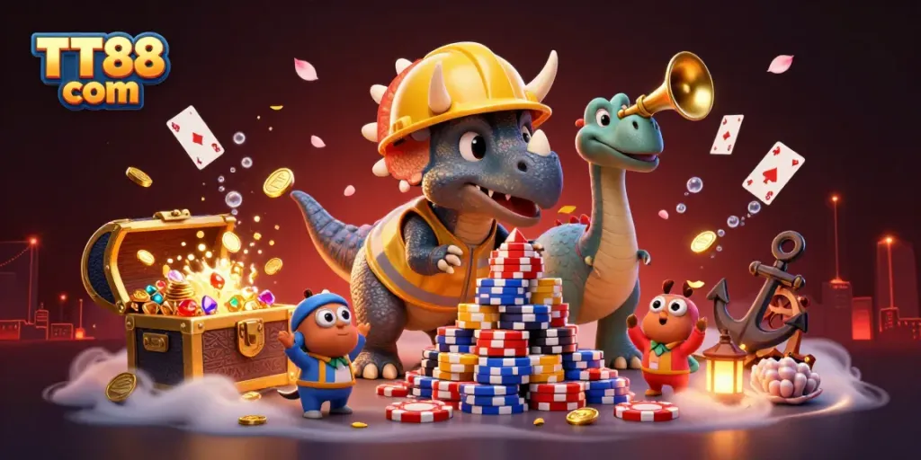 Experience thrills at TT88 com with a vibrant 3D casino adventure featuring dynamic characters and game elements.