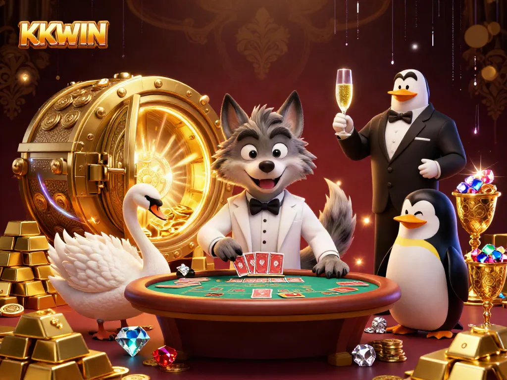 KKWIN casino illustration featuring a debonair wolf, elegant swan, and penguin sommelier with gambling treasures.