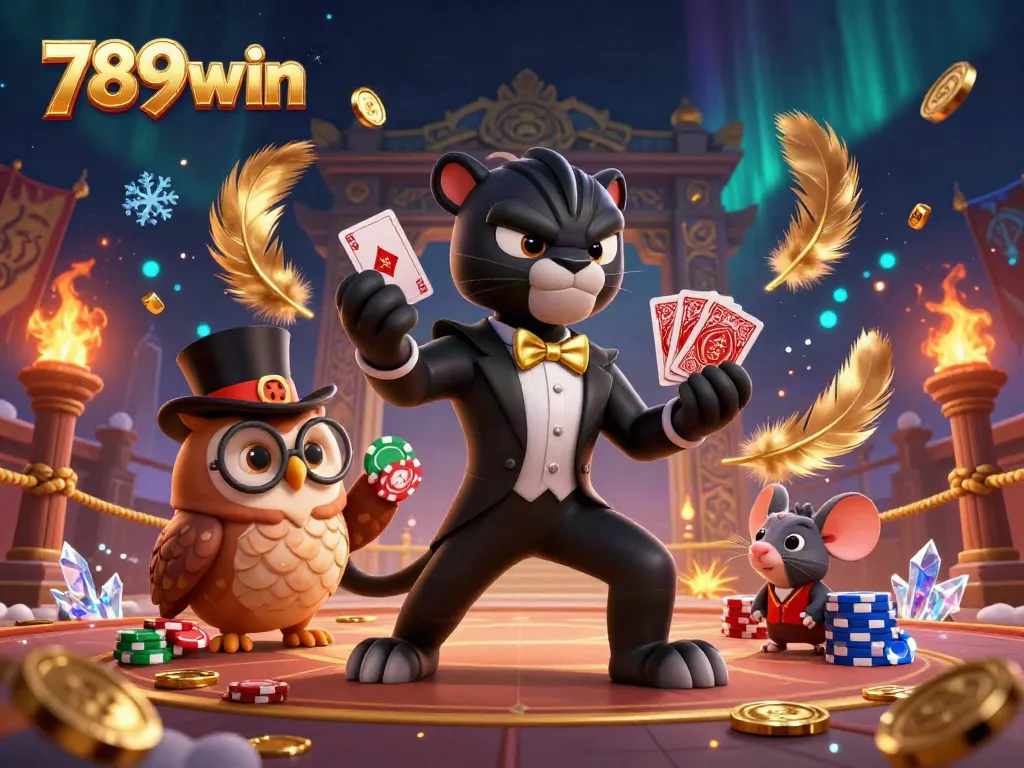 Experience the thrill of 789win as a stylish panther deals cards amidst a dynamic casino scene.
