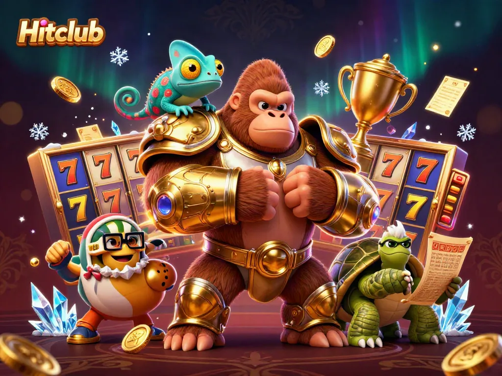 Hitclub players immerse in thrilling slot reels and jackpot moments in an enchanting casino illustration.
