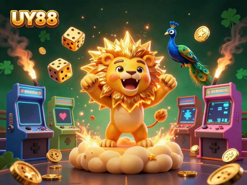 Experience thrilling gaming with UY88 in this vibrant 3D casino scene featuring a roaring lion and golden dice.