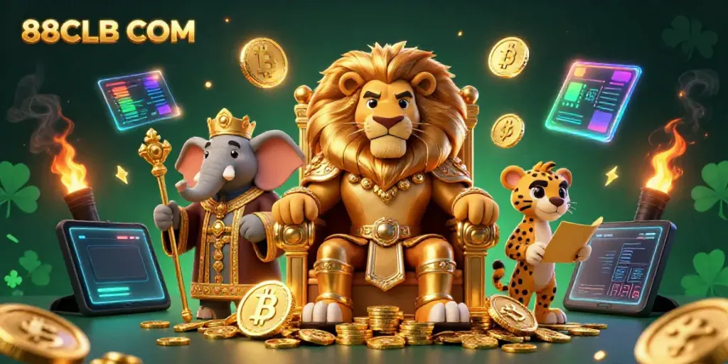 Engage in a thrilling casino experience with 88CLB COM, featuring animated characters in a vibrant setting.