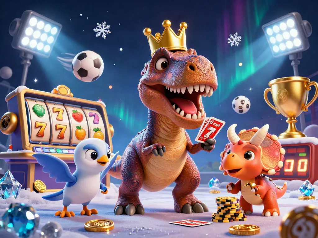 Engaging scene of T-Rex at casino uden ROFUS shuffling cards with pterodactyl, enhancing gaming excitement.