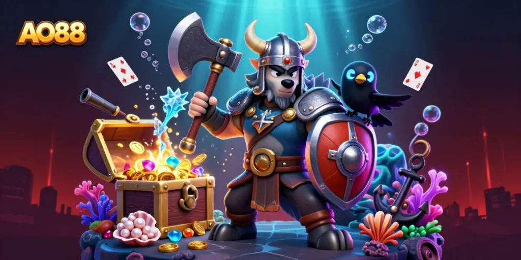 Experience thrilling wins at AO88 with a captivating underwater casino adventure featuring dragon and Viking.