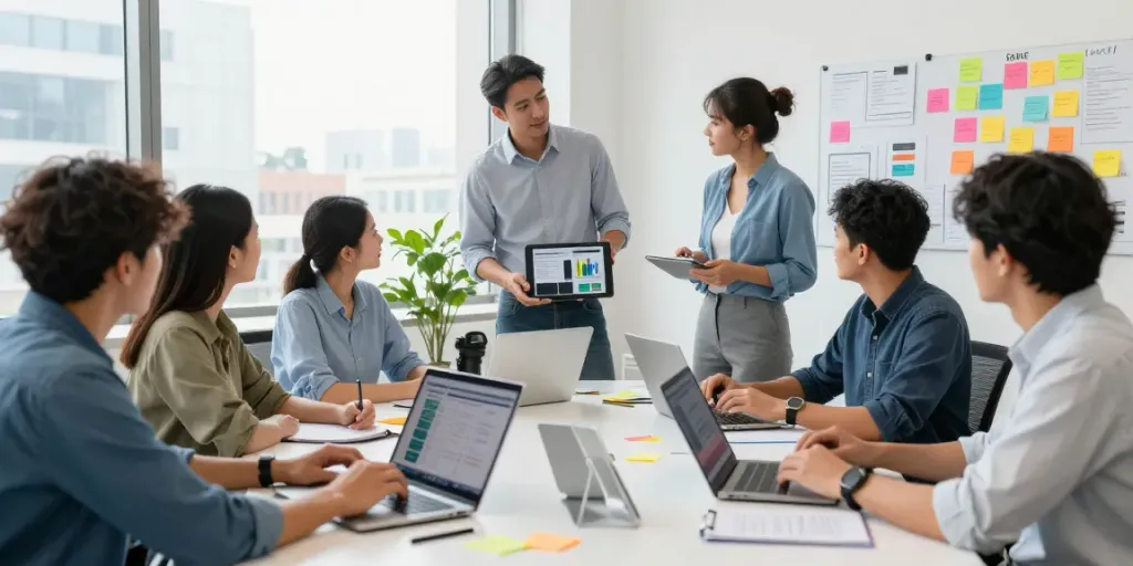 Team collaboration in a modern office discussing strategies to buy likes for social media engagement.