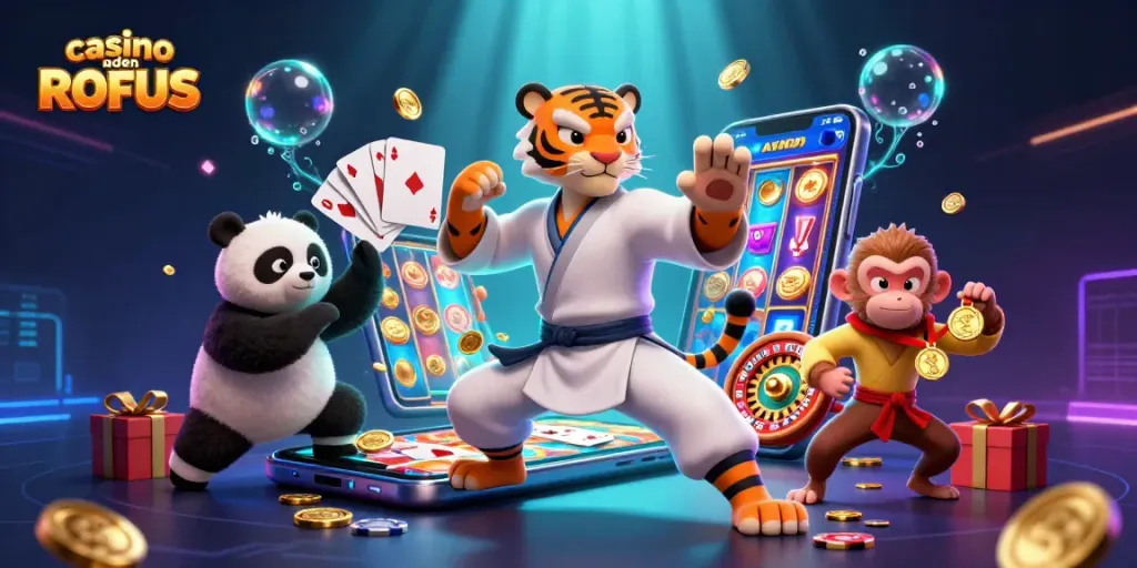 Engage in thrilling gameplay at casino uden ROFUS with vibrant characters surrounding slot game elements.