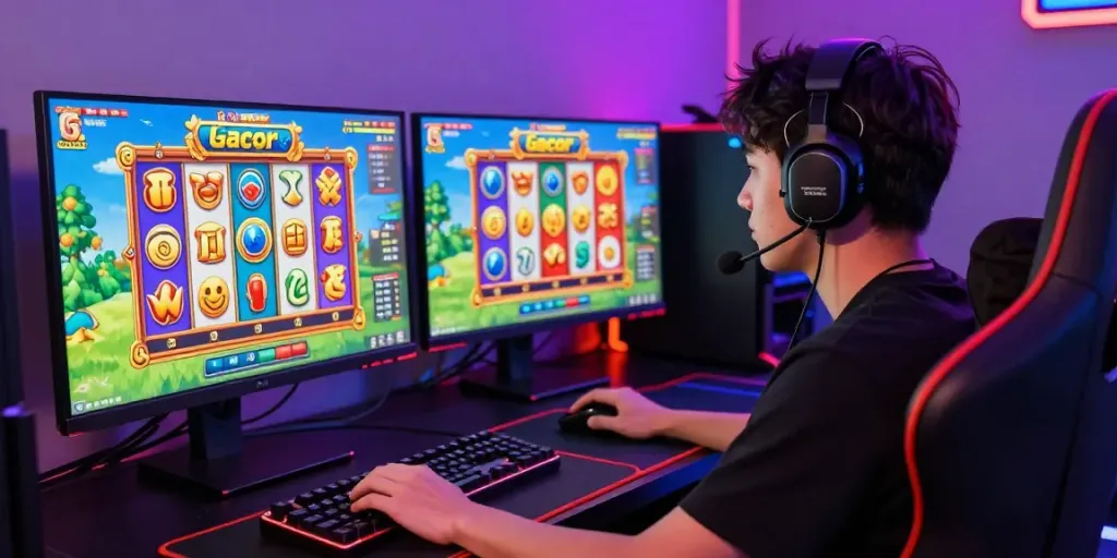 Menampilkan pemain yang terfokus pada slot gacor dengan peralatan gaming modern dan pencahayaan ambien menarik.