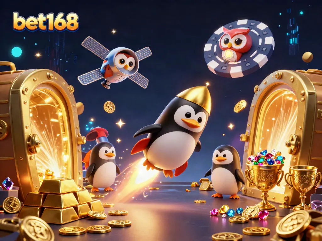 Experience thrilling gains with bet168 as a golden penguin races to a vibrant casino in space.
